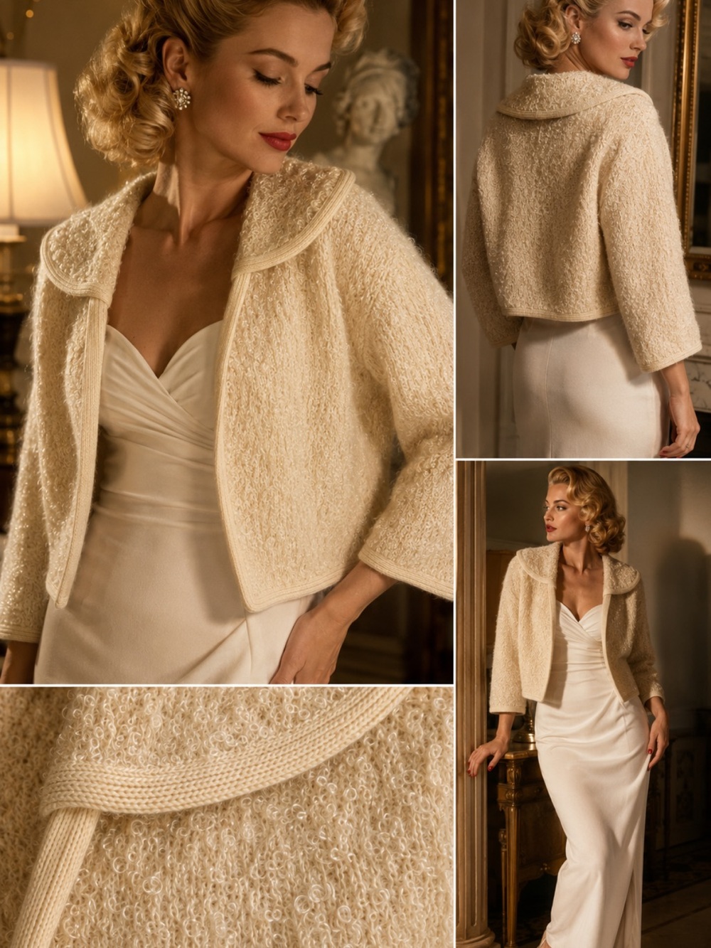 Vintage Ethée Beverly Hills Bouclé Knit Open Front Cardigan Sweater Cream Beige